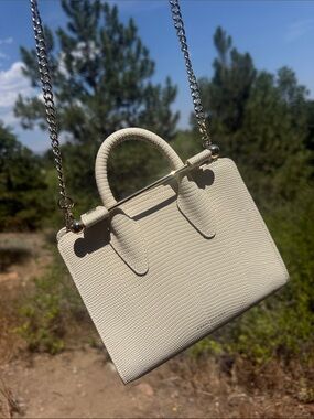 Strathberry Cream Lizard-Texture Top Handle Satchel with Gold Hardware